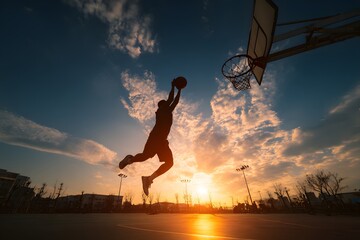 Silhouette of Basketball Player Dunking at Sunset