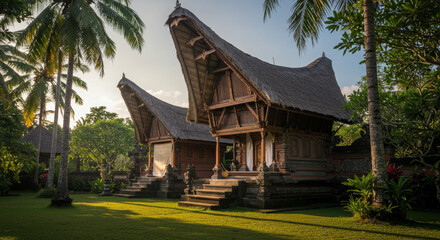 Traditional Balinese Houses With Thatched Roofs in a Lush Tropical Garden Setting
