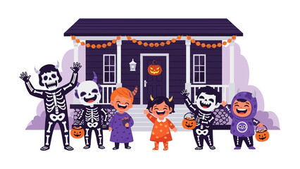 Spooky Halloween Gathering: Captivating illustration of children in Halloween costumes outside a house, ready for trick-or-treating, embodying joy and the spirit of the holiday.