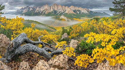 Mountain peaks glowing under sunrise sky, mist floating through valley