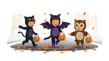 Spirited Halloween Stroll: Three joyful kids, dressed as a playful cat, a mysterious bat, and a wise owl, embark on a spirited Halloween adventure, collecting treats in their charming pumpkin pails.