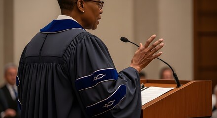 African American judge delivering powerful speech at formal court event justice law speaker presentation leadership authority