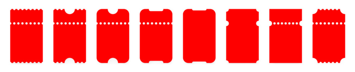 Set of red ticket mockups with ruffle edges and shadows. Small vertical empty templates. Concert, movie or theater ticket. Boarding blank, lottery, sale coupon