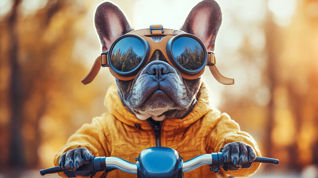 A cute French Bulldog riding an electric scooter with aviator goggles in a nature park. Creative digital illustration of a funny pet, ideal for festive season greeting cards and humorous wallpaper  