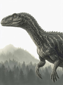 Afrovenator dinosaur roaming a prehistoric landscape with forests and mountains in the background