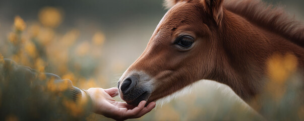 Tender image of a young foal gently touching a hand. Illustrates connection, trust, and animal care. Great for themes of nature, relationships, and kindness.