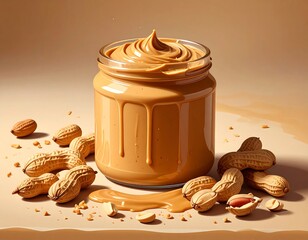 Peanut butter in a glass jar, surrounded by peanuts
