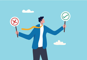 Business decision right or wrong, true or false, correct and incorrect, moral choosing option concept, thoughtful businessman holding right or wrong of left and right hand while making decision.