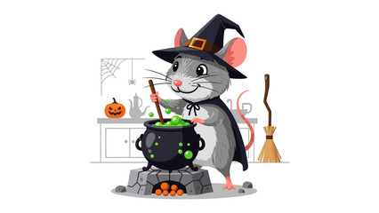 Mystical Brew: A cheerful cartoon mouse, dressed as a witch, stirs a bubbling cauldron, casting a magical spell with a delightful Halloween theme.