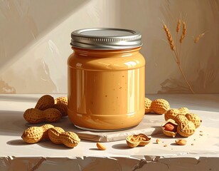 Peanut butter jar on a light beige surface, illuminated by sunlight