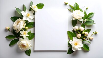 Elegant blank paper surrounded by white flowers and leaves