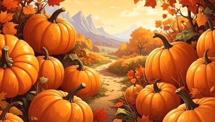 Naklejka premium A digital illustration depicts a vibrant fall scene with pumpkins. A pathway leads through a field, framed by orange foliage. Mountains fill the horizon