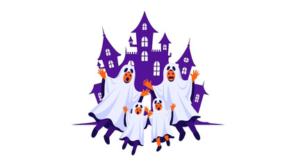 Haunted Family Gathering: A group of friendly ghosts frolic joyously in front of a whimsical haunted house, celebrating Halloween with spooky glee.