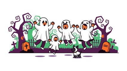Happy Ghostly Gathering: A whimsical illustration of joyful ghosts frolicking, creating a cheerful and inviting scene, with a playful pup joining in the spooky fun. 