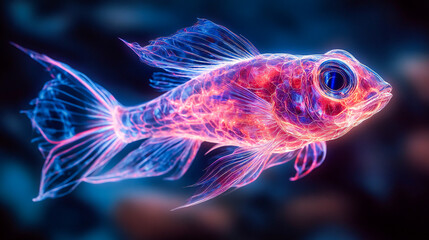 Fototapeta premium A mysterious deep-sea fish with transparent, colorful, holographic glow in dark waters. Unique 3D oceanic artwork, surreal and fantastical, highlighting luminous, otherworldly marine life