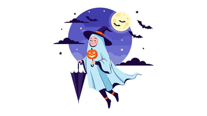 Whimsical Halloween Specter: A child dressed as a charming ghost floats through a spooky night, a pumpkin in hand, under a bewitching moonlit sky.