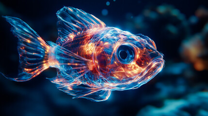 Fototapeta premium A mysterious deep-sea fish with transparent, colorful, holographic glow in dark waters. Unique 3D oceanic artwork, surreal and fantastical, highlighting luminous, otherworldly marine life