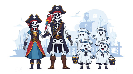 Halloween Pirate Gathering: A spirited cartoon illustration of pirate family and sailor ghosts ready for Halloween, capturing the essence of festive season.