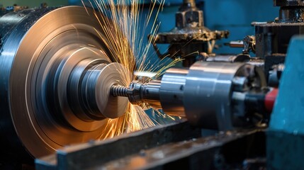 Obraz premium Close-Up of Lathe Turning Operation: Metal Workpiece Being Cut, Bright Sparks Flying, Precision Cutting Tool in Action, Industrial Machining Process—High-Def Shot for Engineering Education