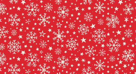 A festive seamless pattern featuring a vibrant red background adorned with numerous white snowflakes and small stars, evoking a winter holiday theme.