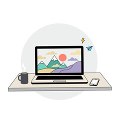 A vector illustration of a minimalist desk setup with a laptop and a coffee mug. The laptop screen shows a serene abstract landscape.