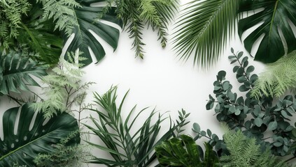 A vibrant arrangement of tropical leaves and plants forms a frame around a blank space, creating a serene and natural backdrop.