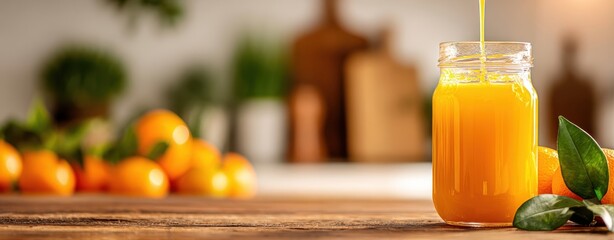 The vibrant orange juice pouring into a glass jar on a rustic table.