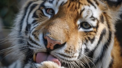 A tiger licks the palm of its front paw with its long tongue. A close-up of its face and tongue, one eye half-closed, licks its paw with rapt attention
