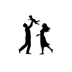 A vector silhouette of a joyful family. A father lifts his smiling baby into the air as the mother looks on with love and happiness.