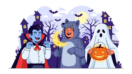 Halloween Costume Party: A whimsical Halloween illustration, featuring costumed figures set against a backdrop of spooky houses and a full moon.