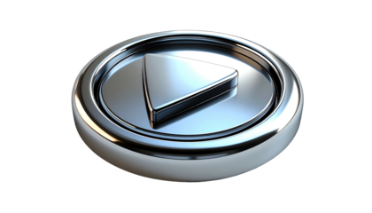 A chrome, circular button featuring a raised, metallic play icon; highly polished, three-dimensional rendering