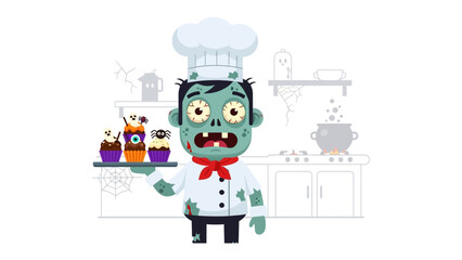 Zombie Chef's Halloween Treats: An undead chef, animated and playful, presents spooktacular cupcakes on a tray. The illustration's style is fun and perfect for Halloween season.