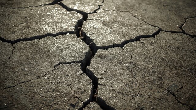 Extensive network of deep fissures across parched earth, showcasing the effects of severe drought. - Powered by Adobe
