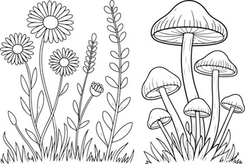 Wild Mushrooms with Flowers and Grass in Botanical Nature Scene Line Art Illustration