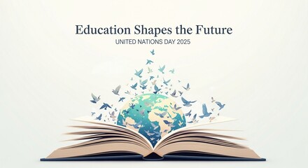 Education Shapes the Future text on an open book, globe, and flying birds for United Nations Day, global learning, and peace concepts