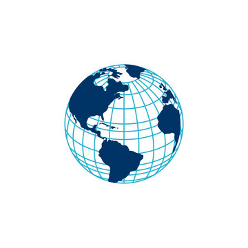 A stylized blue globe icon showing North and South America with a light blue grid on a white background.