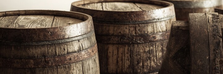 Close-up view of aged wooden barrels, displaying rich textures and warm tones.