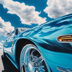 Obraz premium portrait of a beautiful car of light blue color and there is clouds looking beautiful behind the scene.