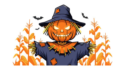 Scarecrow's Spooky Welcome: A cartoon scarecrow made of a pumpkin with menacing glowing eyes, set against a backdrop of corn stalks and bats, this image evokes Halloween mischief and autumnal fantasy.