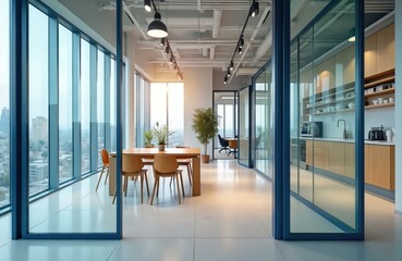 Fototapeta na wymiar Modern open-plan office interior. Glass partitions, light wood kitchen, large windows, city view. Minimalist design, neutral colors, bright, functional workspace. Commercial residential building.