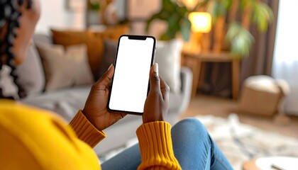Woman in mustard yellow sweater holding blank smartphone screen indoors