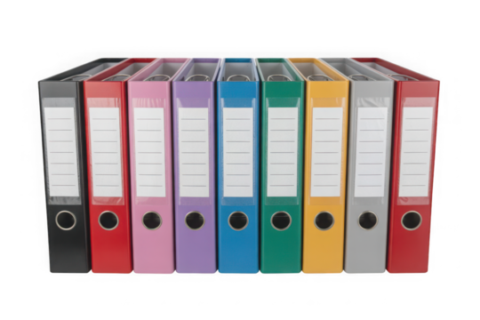 Colorful Office Ring Binders for Document Storage and Organization Isolated on Transparent Background