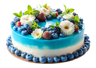 Blue and White Dessert Decorated with Flowers and Berries on White Background ,PNG. AI Generated