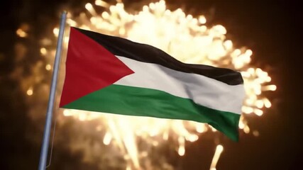 The national flag proudly waves in the night sky, illuminated by the vibrant bursts of fireworks, symbolizing celebration, heritage, and the enduring spirit of a nation