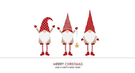 Three cheerful gnomes celebrating Merry Christmas and a Happy New Year with festive hats and stars, perfect for holiday greetings