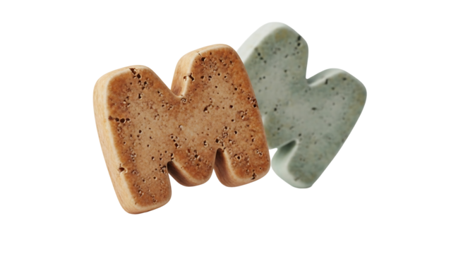 Two stacked, stylized, capital "M" letters, light brown and light teal/mint green, textured like cookies or soap