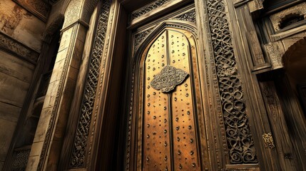 Sophisticated gate style featuring carved wooden panels and elegant metallic frames