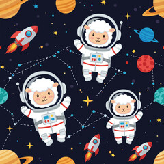 Adorable astronaut sheep explore space among planets rockets and stars Fun childhood adventure