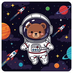 Adorable bear astronaut explores colorful outer space with planets and rockets