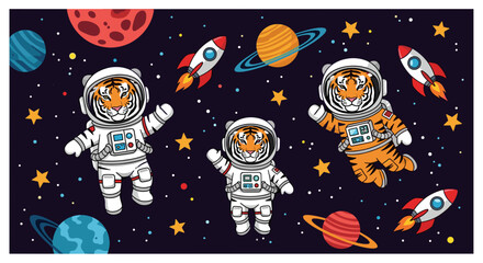 Adorable tiger astronauts explore a whimsical galaxy with planets stars and rockets Space adventure